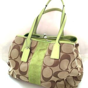 Coach Signature Canvas Tote with Lime Green Trim Carry All